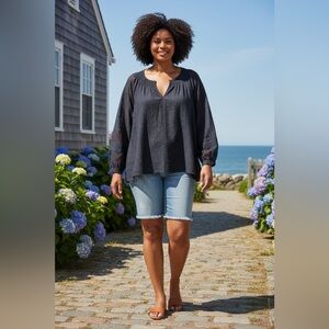 Tommy Hilfiger Navy Long-Sleeve Lace-Pattern Peasant Top GUC XXL